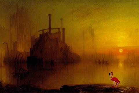 a standing zombie flamingo and a distant sunken cathedral, at dusk, by J.M.W. Turner and Ansel Adams, oil painting, detailed and beautiful, muted colors -s70 -b1 -W768 -H512 -C10.0 -mk_euler_a -S1224670162